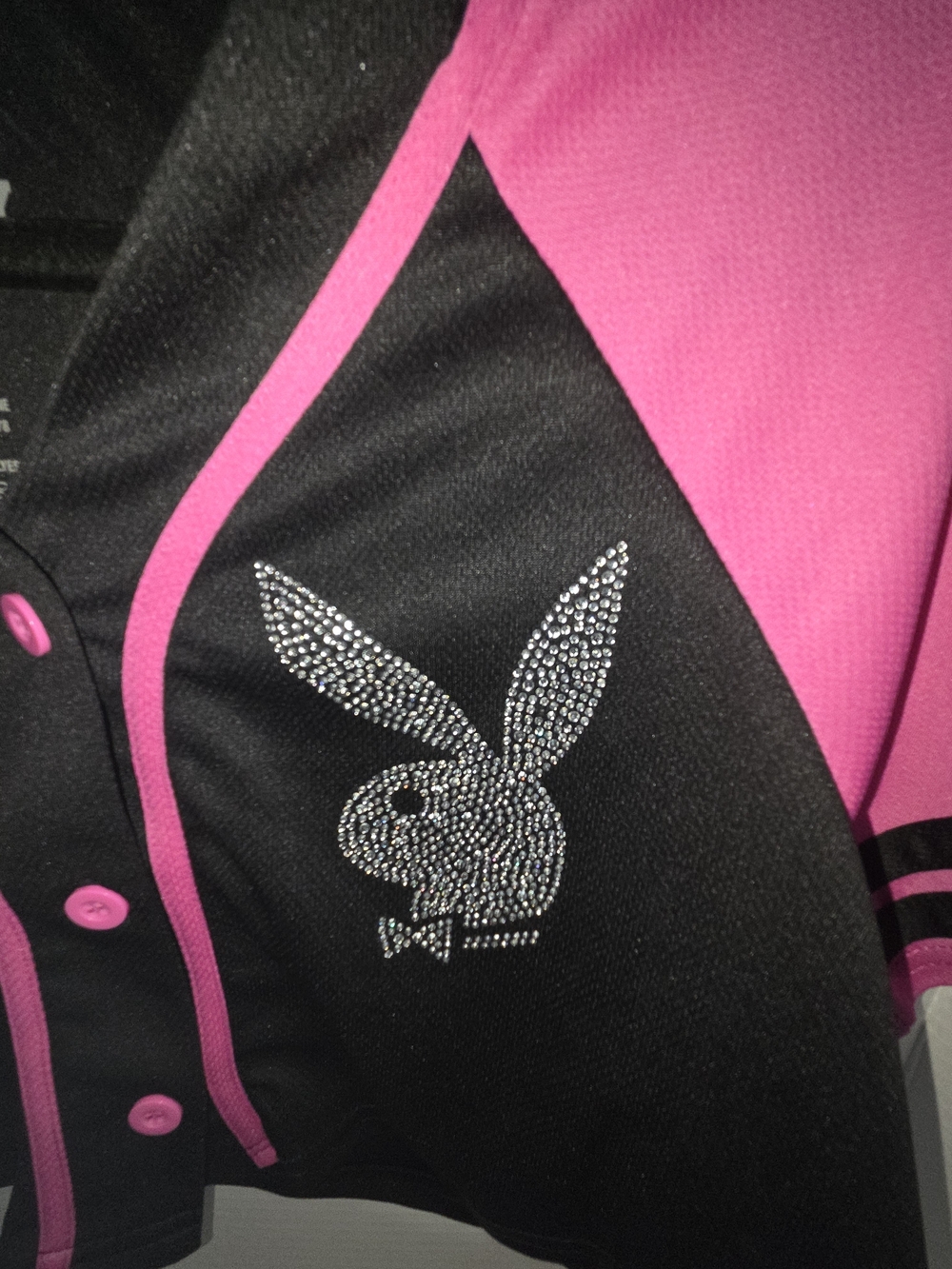 NWT PLAYBOY Black and Hot Pink Rhinestone Bunny Baseball Jersey. Size Small - Picture 6 of 9